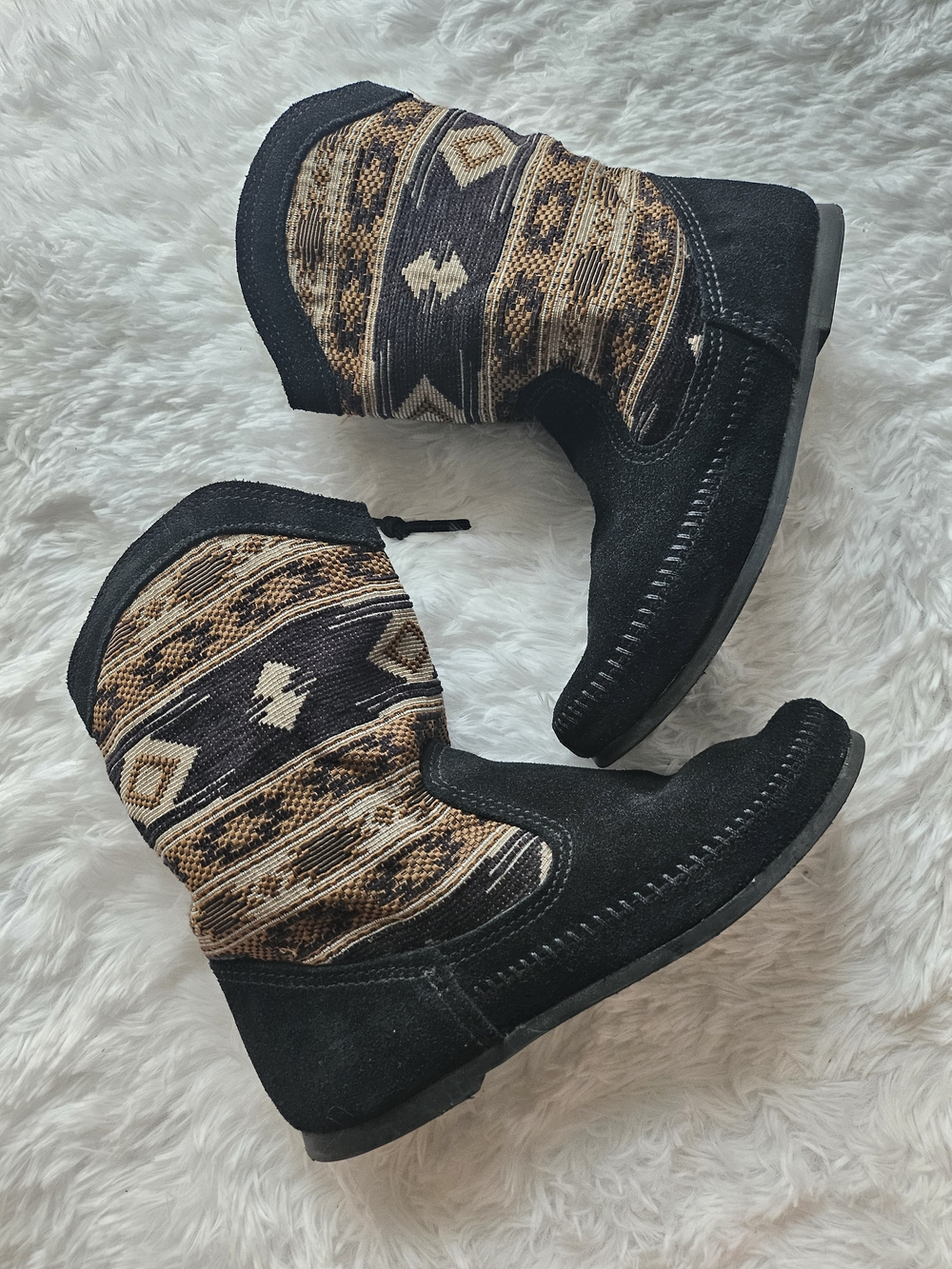 Minnetonka Black Suede Booties with Brown Aztec Knit Shaft
